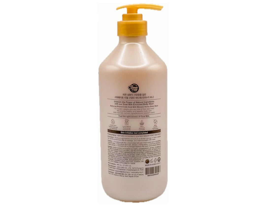 Shower Mate Goat Milk Body Wash Nourishing, 800 mL / 27.05 fl. oz. (Manuka honey)