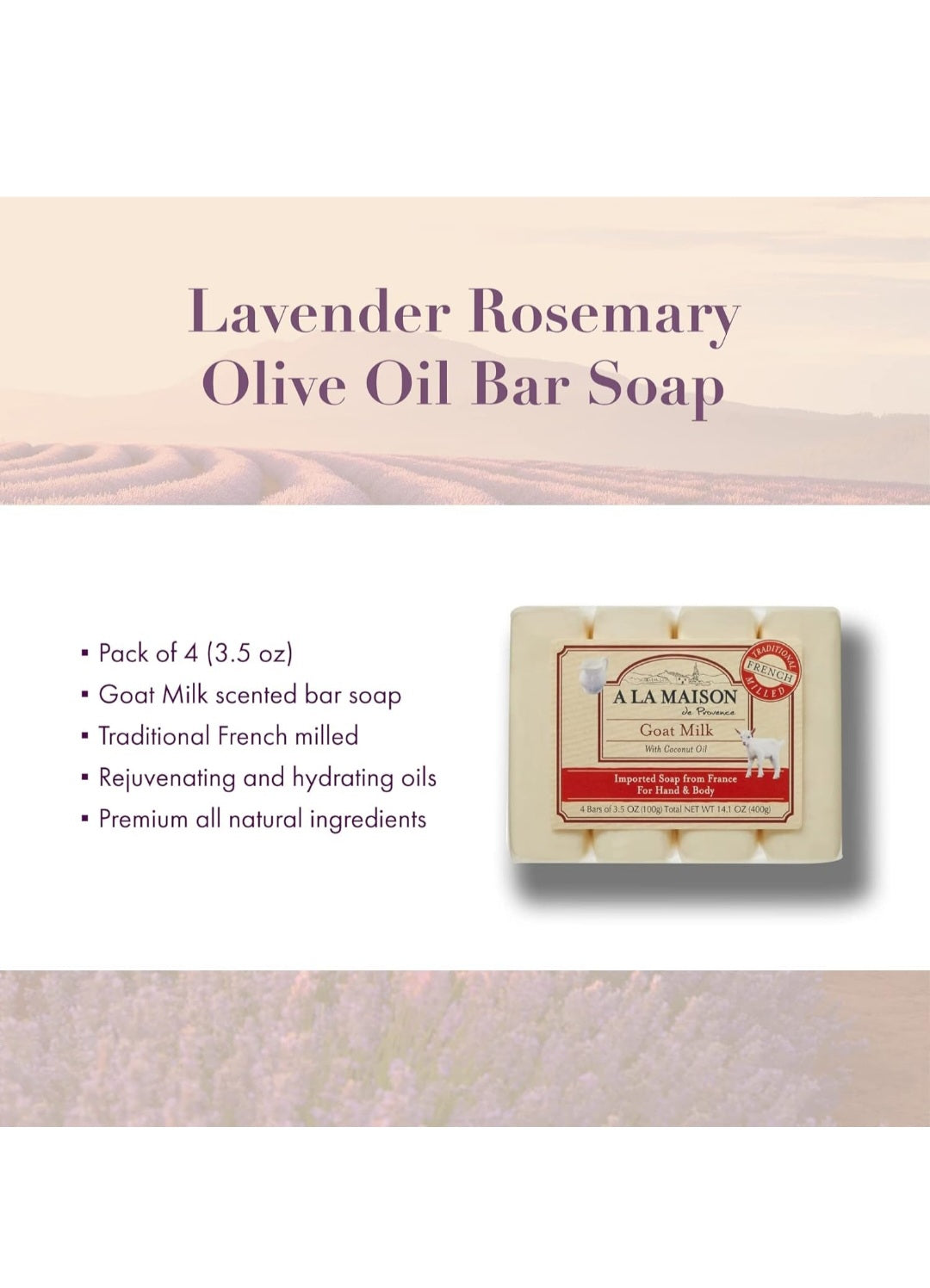 Unscented Natural Goat Milk Bar Soap - Triple French Milled Unscented Natural Moisturizing Hand Soap Bar (4 Bars of Soap, 3.5 oz)
